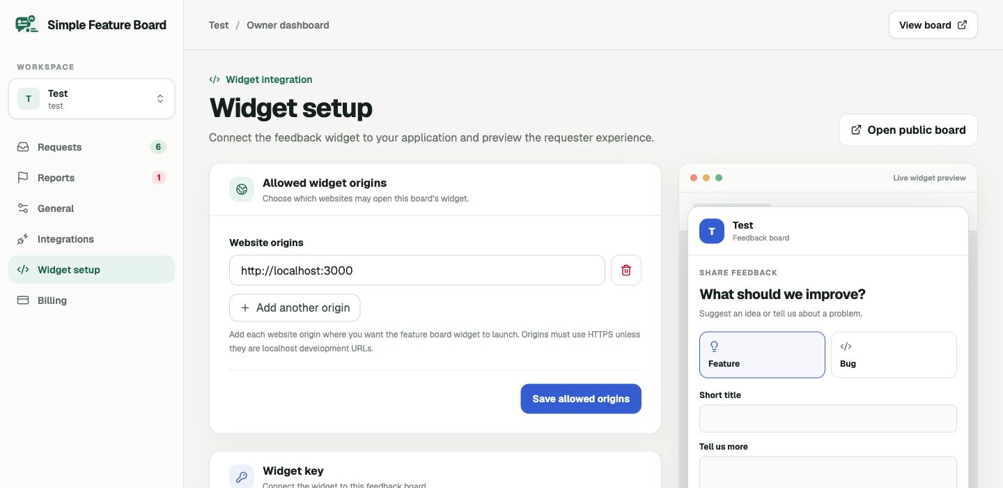 Simple Feature Board widget installation and setup screen