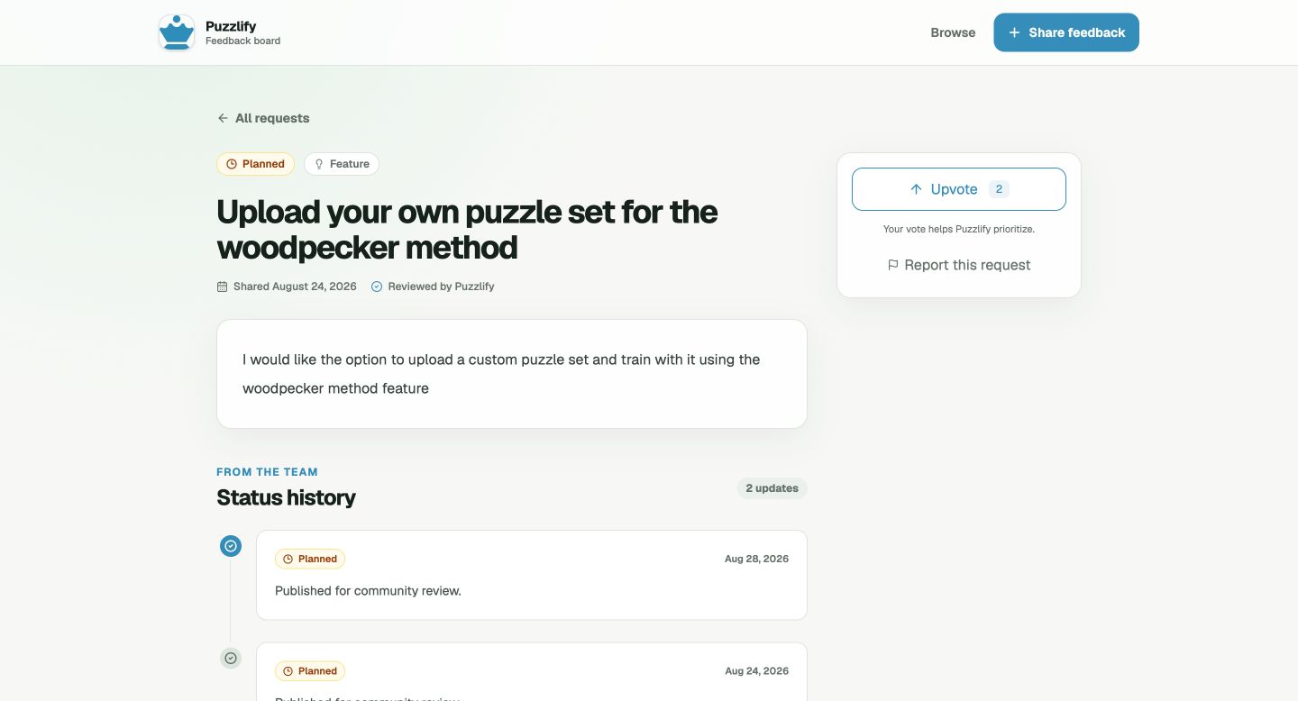 A feature request with a public status timeline in Simple Feature Board